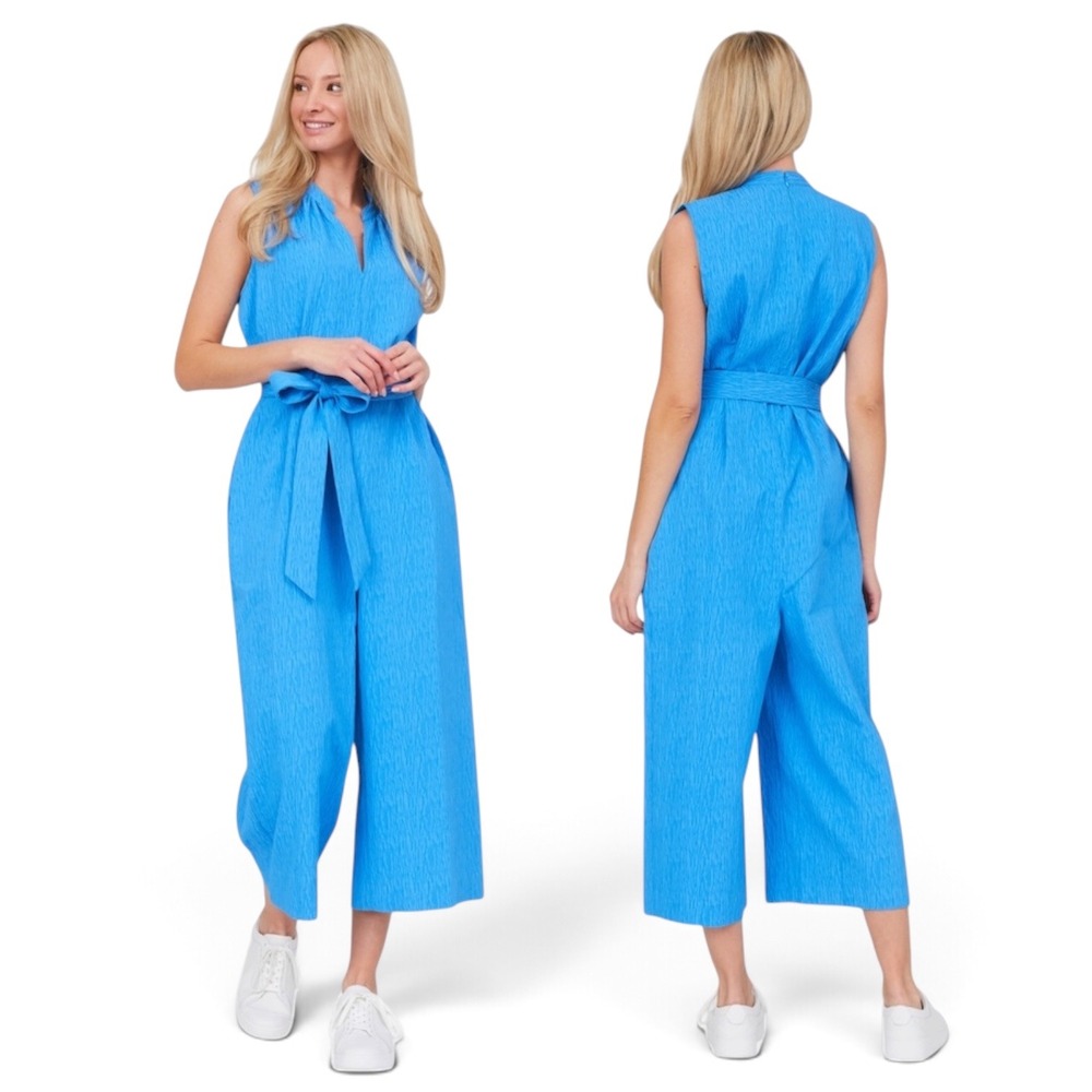 Natori Jumpsuit Textured Jacquard Mandarin L Polyester Wide Leg Blue